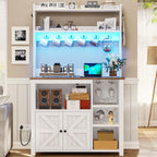 Itaar 35.4 inch Bakers Rack with Power Outlet and Storage, Farmhouse Coffee Bar Cabinet, Microwave Stand Kitchen Cabinet with Hutch, LED Lights, Wine Glass Holder and 8 Hooks，White