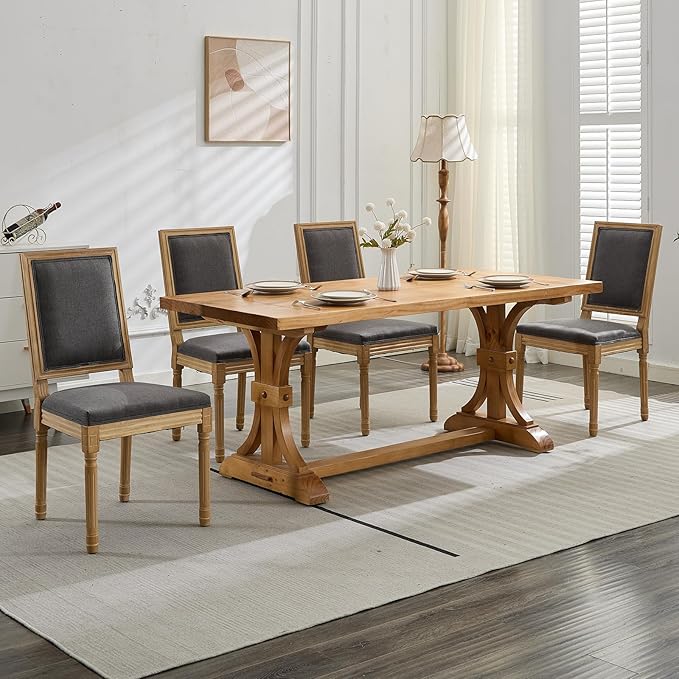 French Country Dining Chairs Set of 6, Gray Kitchen & Dining Room Chairs Set of 6, Linen Upholstered Dining Chairs, Wood Legs, High Back, Sillas De Comedor (Fabric, Grey, 6Pcs)