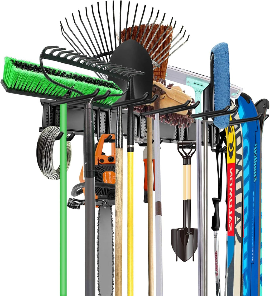WALMANN Wall Mount Tool Organizer, Mop and Broom Holder, Garage Tools Storage Rack, Heavy Duty Garden Tool Storage Rack, Holds Up to 300 lbs