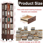 Solid Wood Rotating Bookshelf Tower, 5-Tier Square Spinning Bookcase with Drawer, 70" Floor Standing Revolving Bookshelf on Wheels, Corner Bookcase for Small Space, Walnut