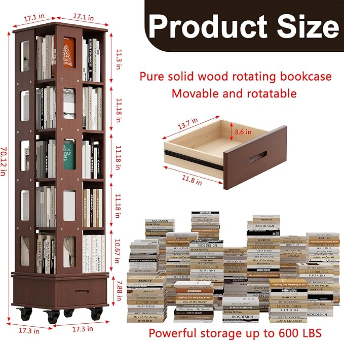 Solid Wood Rotating Bookshelf Tower, 5-Tier Square Spinning Bookcase with Drawer, 70" Floor Standing Revolving Bookshelf on Wheels, Corner Bookcase for Small Space, Walnut