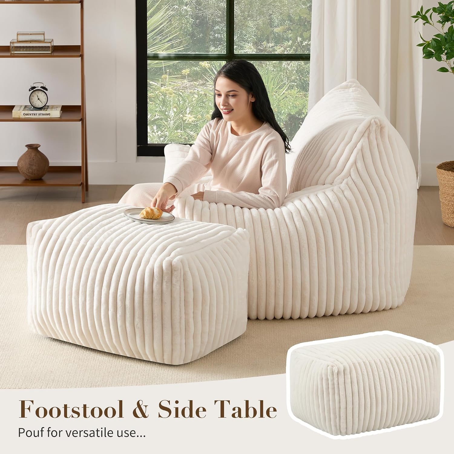 Oversized Bean Bag Chair for Adults, Giant Plush Boneless Bean Bag Couch with Wide Armrests for Bedroom, Living Room & Dorm - Giant Chaise Lounge Chair Indoor & Ottoman, Floor Reading Lounger(Beige)