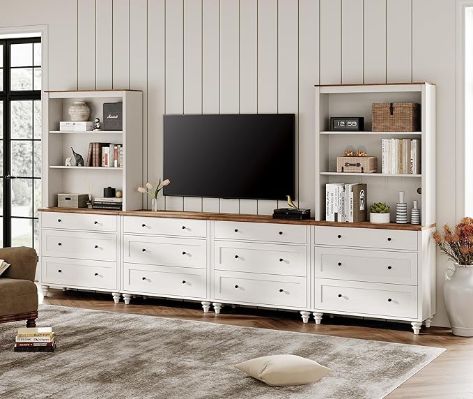 WAMPAT Entertainment Center with Bookshelves for TVs up to 75", Farmhouse Wall Unit TV Stand with Drawers, Media Console Table for Living Room, Bedroom & Home Theater, White
