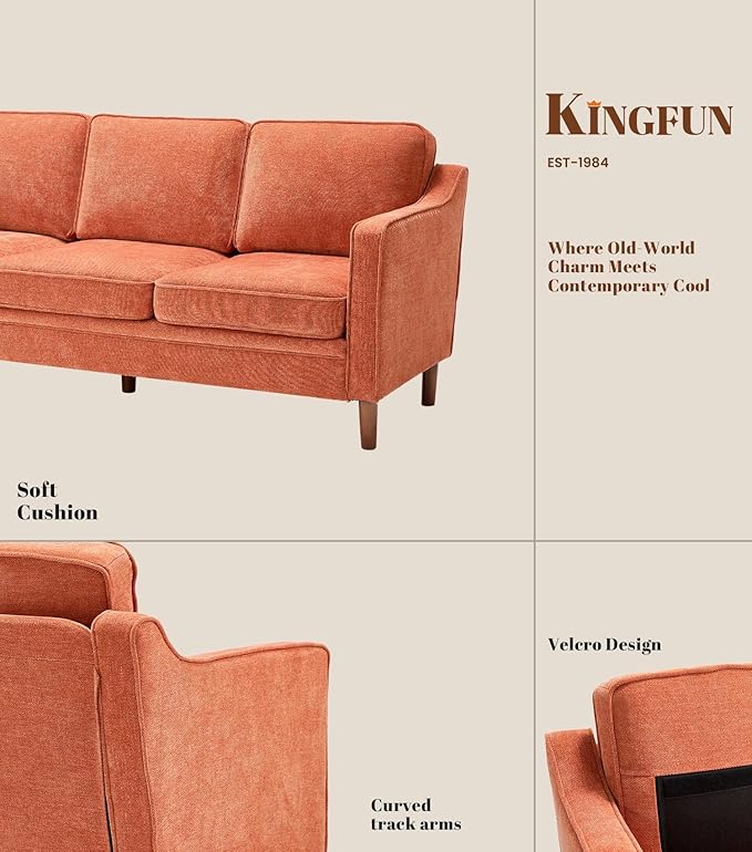 Kingfun Living Room Furniture Sets, 3 Seater Couch and Armchair, Mid Century Modern Sofa Set, Chenille Couch with Solid Wood Frame for Living Room & Bedroom, Orange