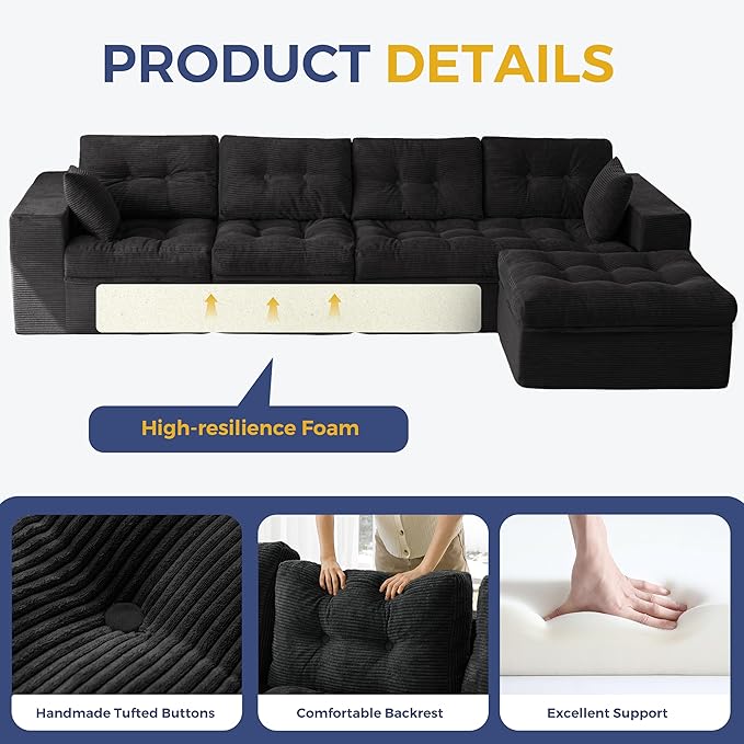 MAXYOYO 132" L Shaped Modular Sectional Sofa with Ottoman, Cloud Boneless Couch with Layered Cushion, Upholstered Sofa in a Box, Flexible Module Combination for Living Room, No Assembly, Black