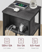 VASAGLE Side Table with Charging Station, 3-Tier End Table with USB Ports and Outlets, Nightstand for Living Room, Bedroom, 11.8 x 13.4 x 22.8 Inches, Plug-in Series, Misty Gray and Black