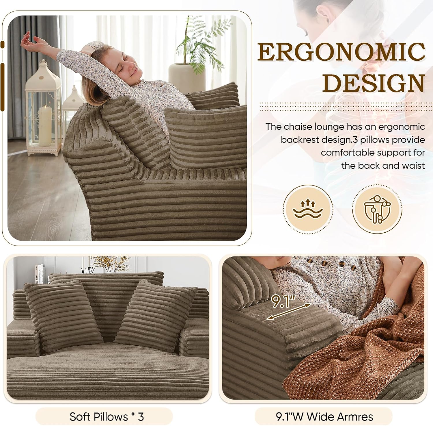 Oversized Chaise Lounge Chair Indoor,50" W Upholstered Corduroy Sofa with 3 Pillows,Comfy Fluffy Cloud Couch,Modern Deep Seat Sofa,Single Sleeper Sofa Chair for Livingroom,Bedroom,No Assembly(Brown)