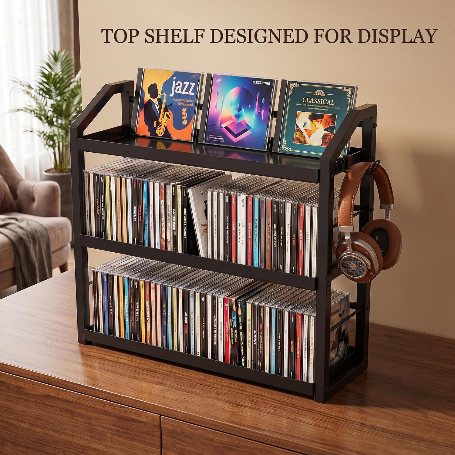 3-Tier CD Holder, Sturdy Steel CD Storage Rack for Display, Holds 125 CDs | Versatile CD Organizer with Top Display Shelf, Reversible Trays, Headphone Hook for Home Office Gaming Room Kitchen Counter