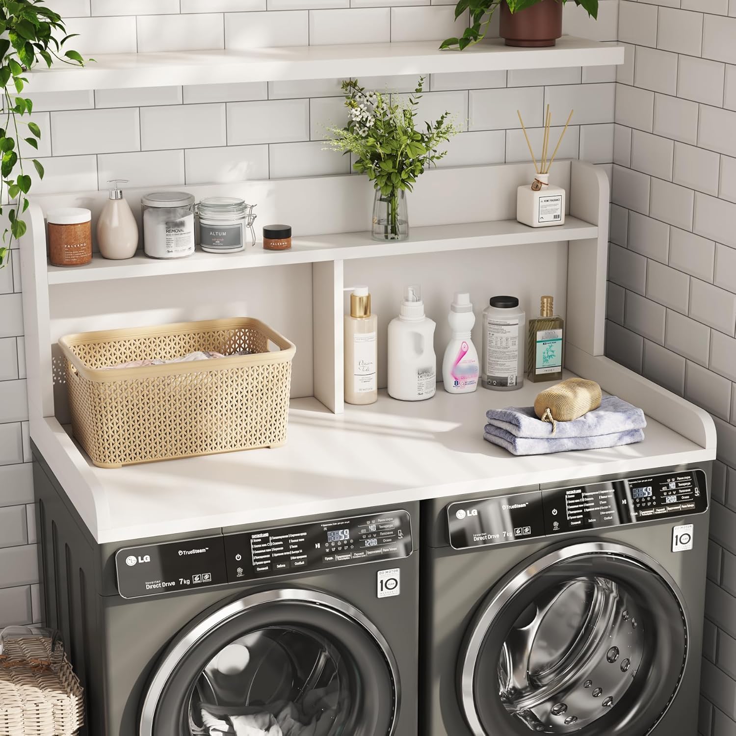 2-Tier Washer Dryer Countertop, 18.5" Raised Height Laundry Countertop with Edge Rails and Non-Slip Pad, 54"W x 27.55"D Washer and Dryer Topper for Laundry Room Storage Organization (White)
