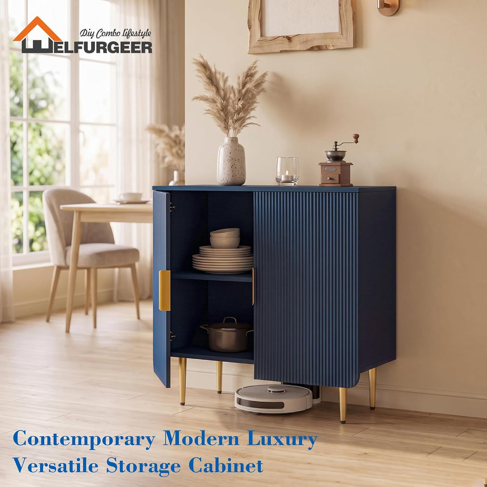 WelFurGeer Blue Fluted 2-Door Buffet Cabinet, Modern Coffee Bar & Sideboard