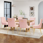 Velvet Dining Chairs Set of 6, Modern Upholstered Kitchen Chair with Pull Handle & Pleated Back, Mid Century Accent Chair with Gold Metal Legs for Vanity,Dining,Kitchen,Living Room, Pink