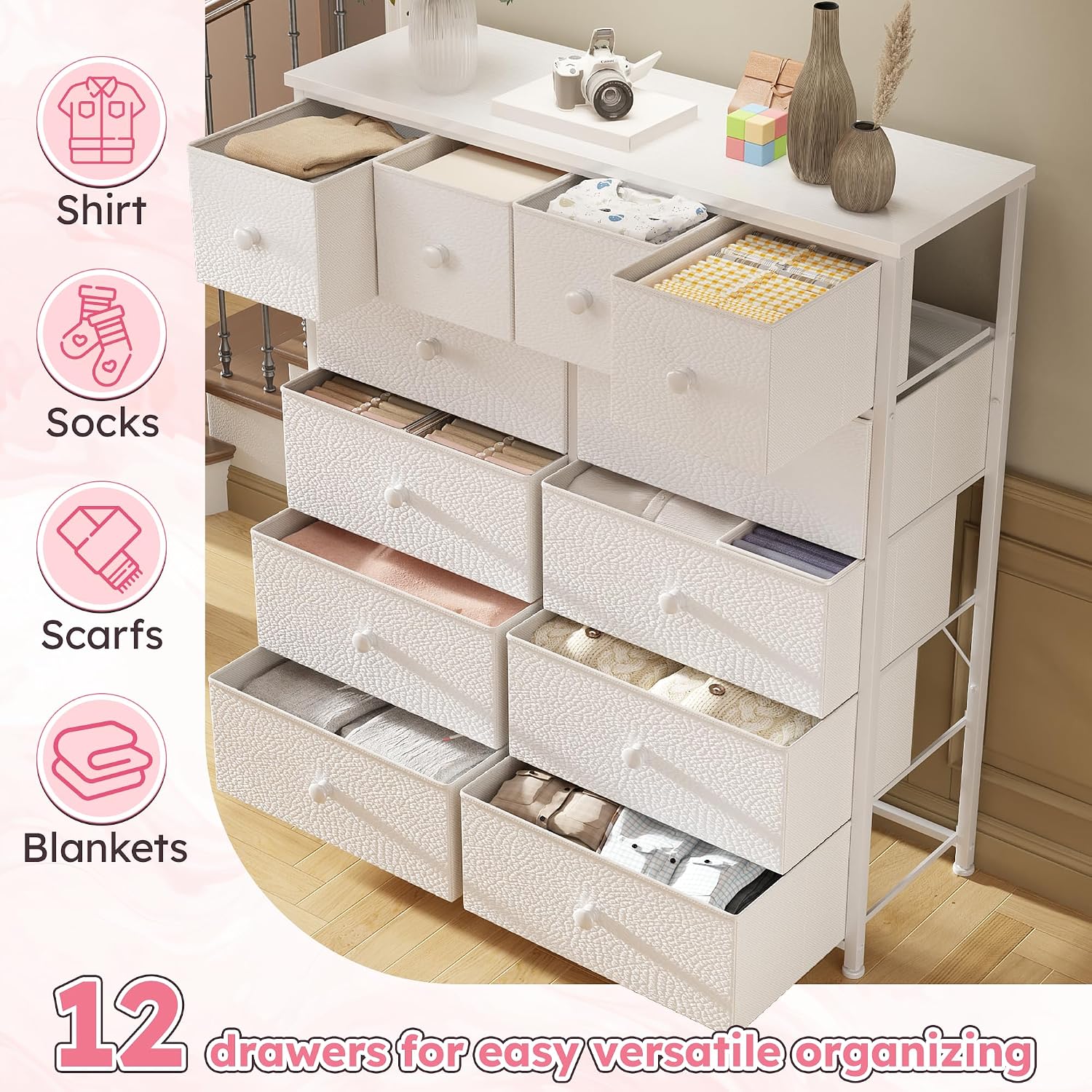 Bepatio Dresser for Bedroom with 12 Drawers, Fabric Dressers & Chest of Drawers with Sturdy Metal Frame, Wood Top, for Woman, 38.9" W x 11.8" D x 40.1" H (White)