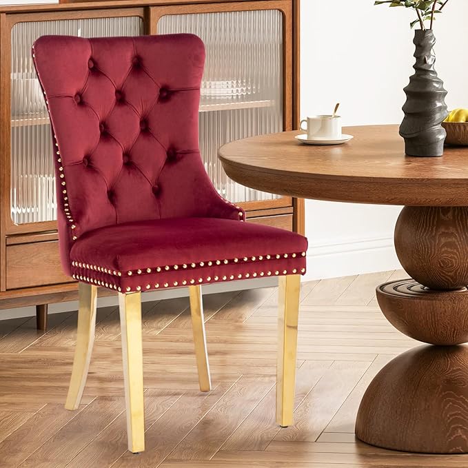 Velvet Upholstered Dining Chairs Set of 2, Modern Style Kitchen Side Chairs with Nailhead Trim and Gold Plated Leg, Metal Pulling Ring for Dining Room Living Room(Wine Red-Gold Plated Leg)