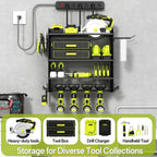 4 Layer Heavy Duty Power Tool Organizer Wall Mount with Charging Station, Adjustable Metal Storage Rack, 6 Outlets Strip, Drill Holders, Hooks & Drill Bit Rack for Garage, Workshop, Black