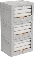 FHSQX 3 Pack Clothes Storage Bins - Foldable Metal Frame Storage Box - Stackable Linen Fabric Container Organizer Set with Carrying Handles and Clear Window (Light Gray, 15.7x11.8x7.8inch(22L))