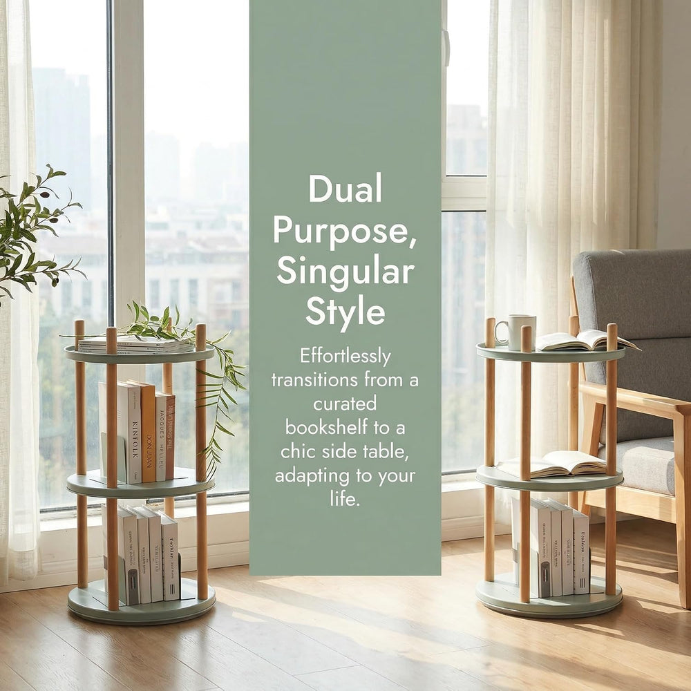 3-Tier Rotating Side Table, Round End Table with Storage Basket & Bookend...