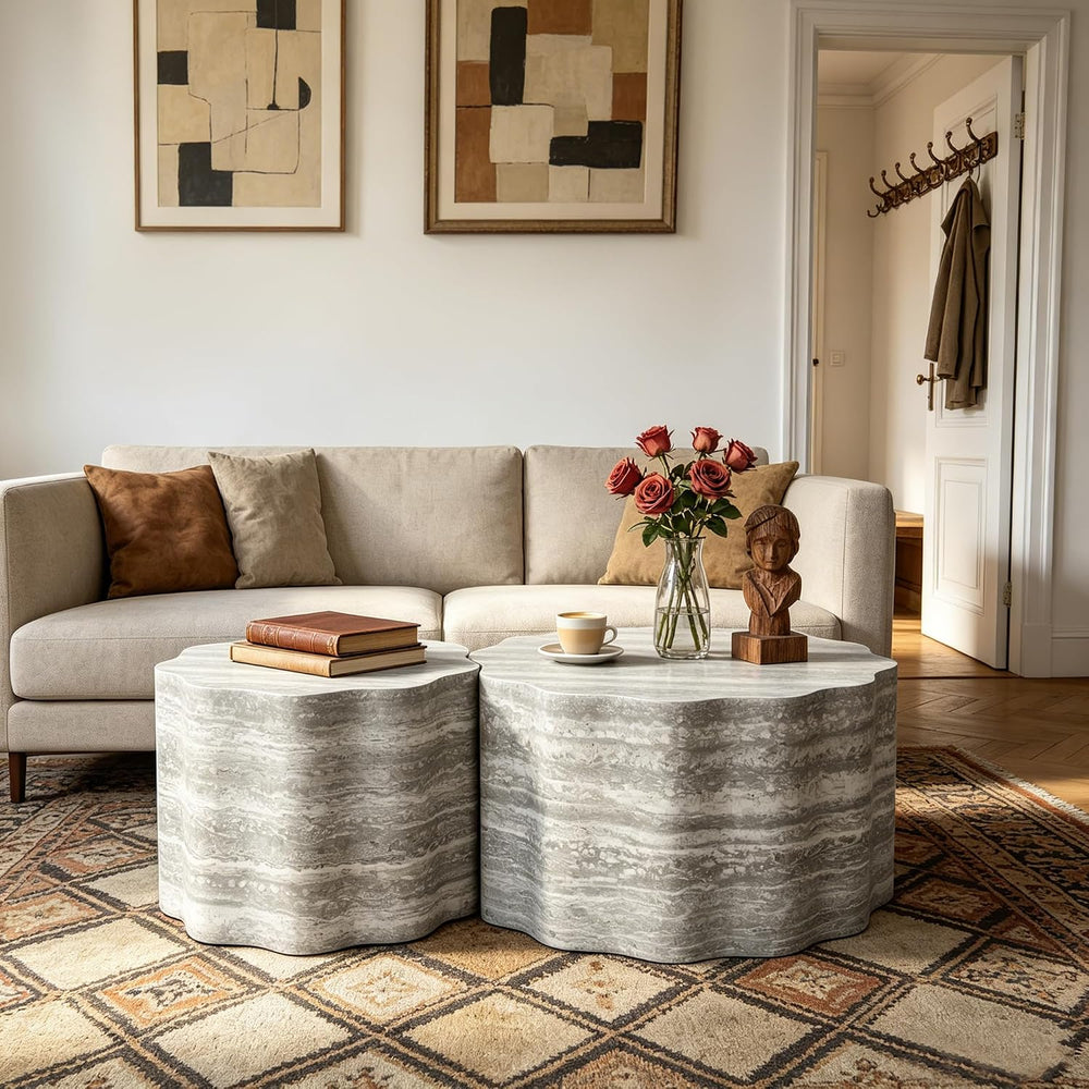 23.6''+26.7'' Set of 2 Faux Mars Pattern Round Coffee Tables,...