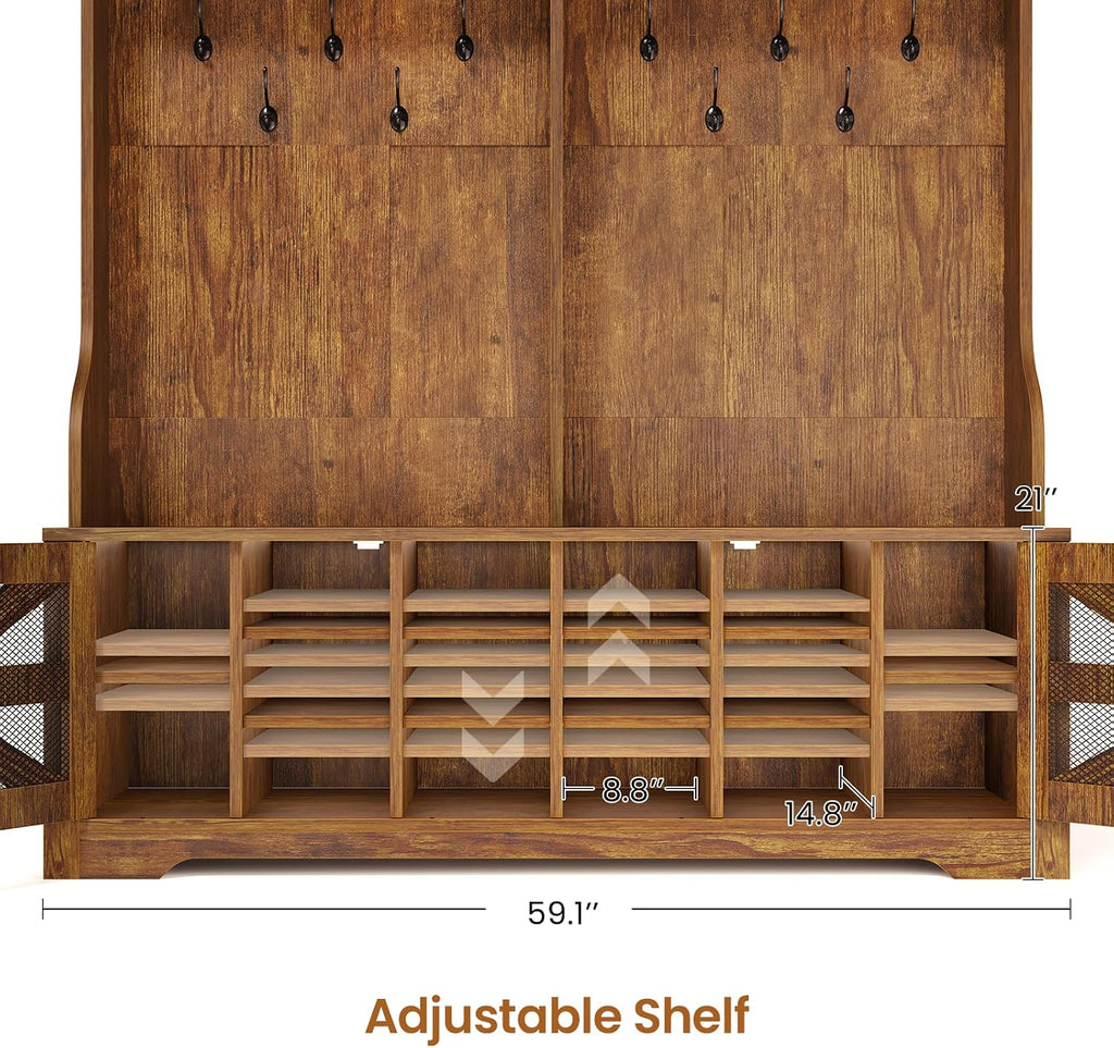 Itaar Hall Tree with Bench and Shoe Storage, 5-in-1 Entryway Bench with Coat Rack, 16 Shoe Cubbies & 12 Coat Hooks, Barn Door & Adjustable Shelf (Rustic Brown)