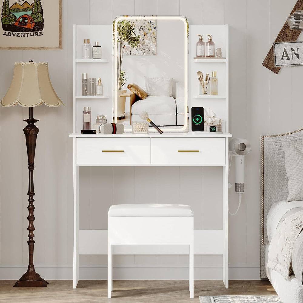 Small Vanity Desk with Mirror and Lights, Makeup Vanity with LED Lights, Whit...
