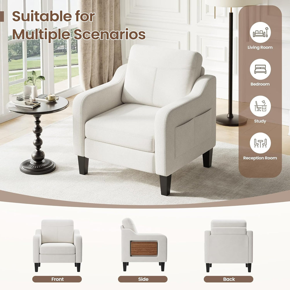Upholstered Accent Chair with Foldable Side Table for Living Room | 2 Side Po...