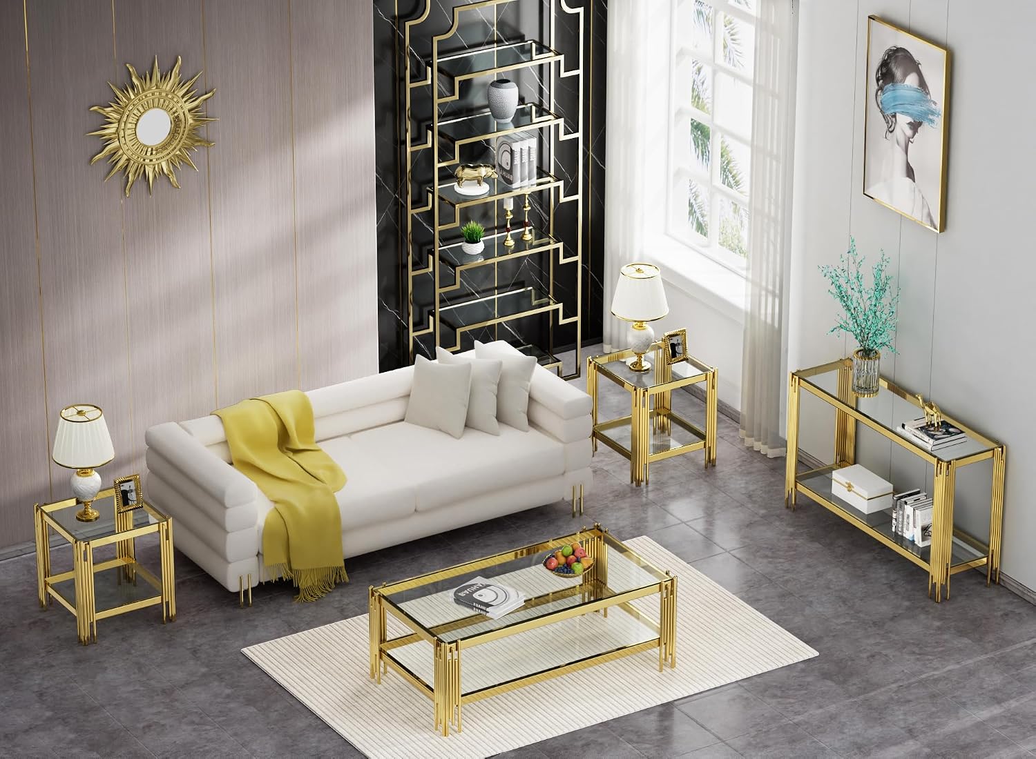 55” Rectangle Glass Console Table, 2-Tier Sofa Table with Clear Tempered Glass Top Golden Mirrored Stainless Steel Legs, Modern Luxury Narrow Entryway Table with Lower Shelf for Living Room