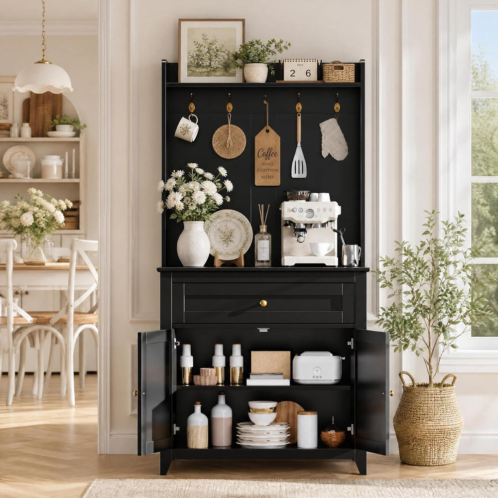 Garvee Pantry Cabinet with 4 Hooks, Kitchen Pantry Cabinet, Coffee Bar Table ...