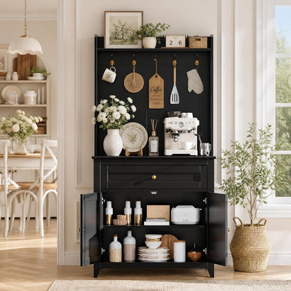 Garvee Pantry Cabinet with 4 Hooks, Kitchen Pantry Cabinet, Coffee Bar Table with Drawer & Adjustable Shelves, Black