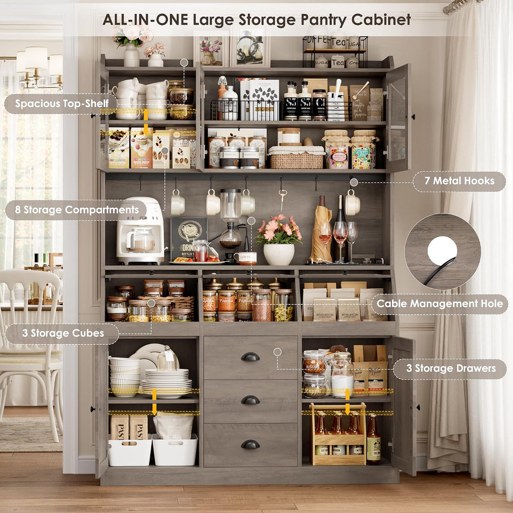HIFIT 71.4” H Kitchen Hutch Pantry Cabinet with 3 Bread Boxes&7 Metal Hoo...