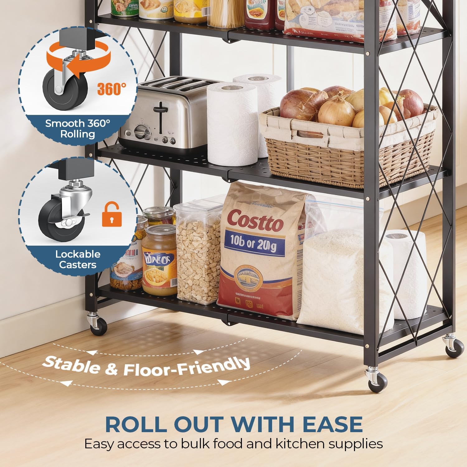 Upgraded 18% Thickened Portable 5-Tier Foldable Storage Shelves with Wheels Heavy Duty Storage Shelf Collapsible Shelves Unit Display for Garage Storage Kitchen Pantry & Closet Organizer, Matte Black