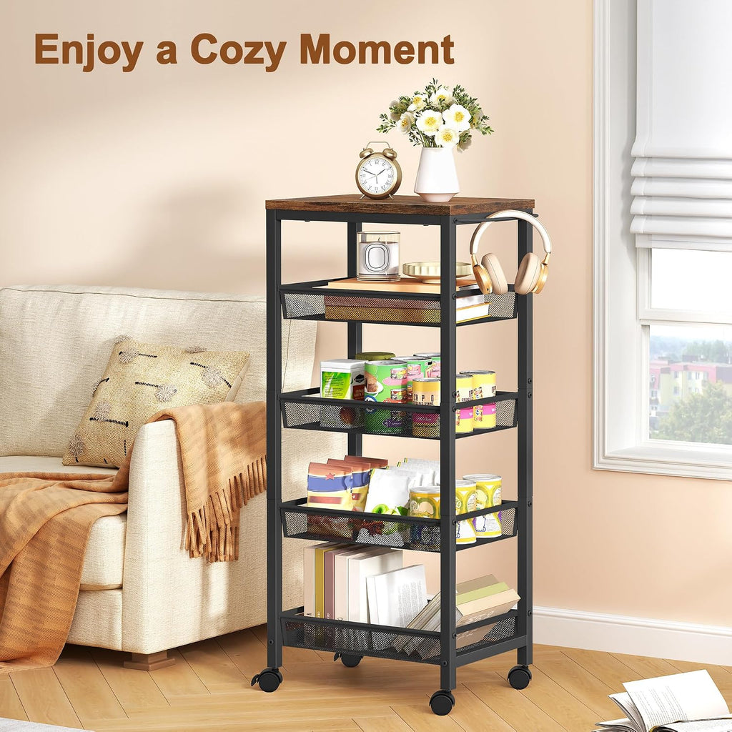 Hoctieon Rolling Storage Cart, 5-Tier 11.8" Wide Panel Kitchen Storage Cart, Utility Carts with Handle & Wheels, Mobile Shelving Unit, Metal Frame Narrow Carts for Home Kitchen, Laundry, Rustic Brown