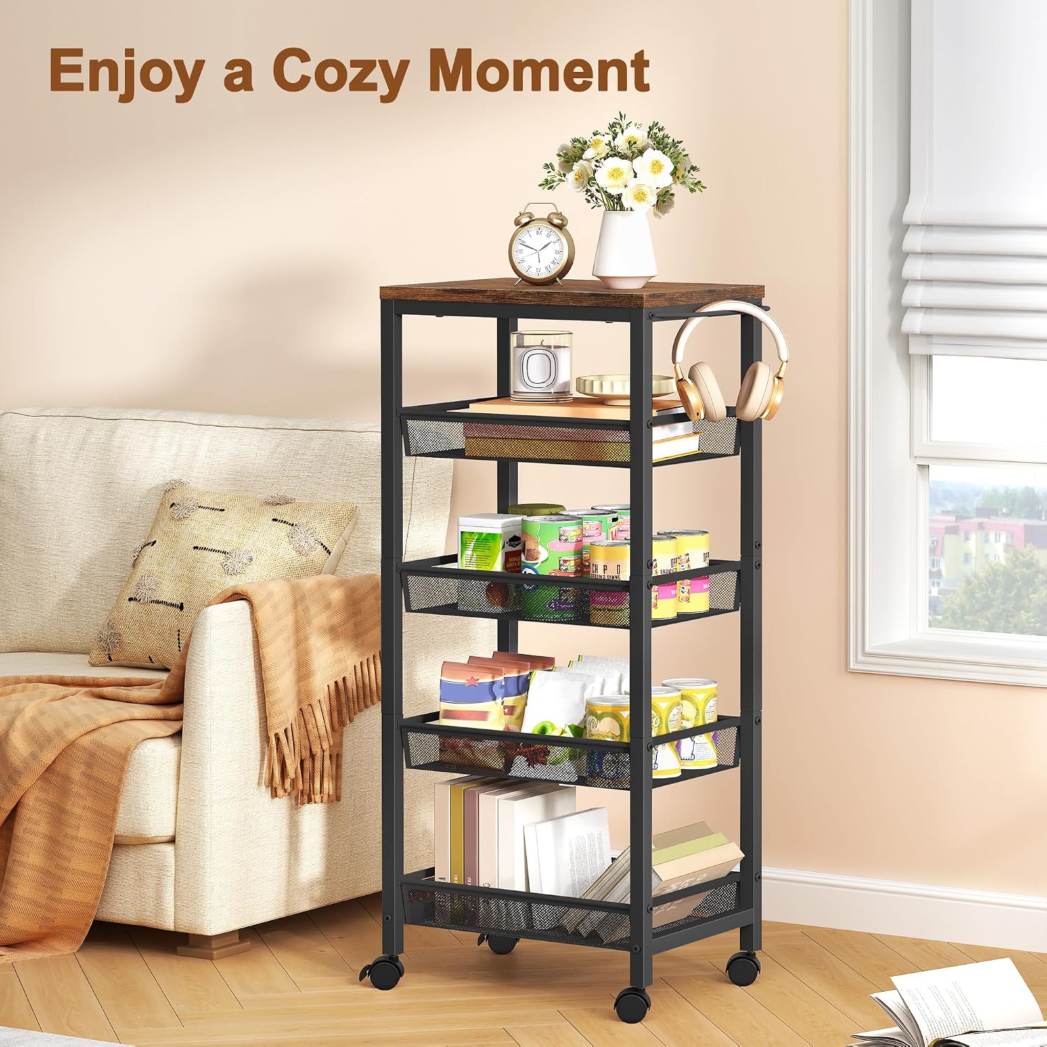 Hoctieon Rolling Storage Cart, 5-Tier 11.8" Wide Panel Kitchen Storage Cart, Utility Carts with Handle & Wheels, Mobile Shelving Unit, Metal Frame Narrow Carts for Home Kitchen, Laundry, Rustic Brown