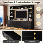 Merax 102.3 Inch Wide Farmhouse Entertainment Center, Rustic TV Stand with 6 Drawers & Adjustable Shelves, Large Media Console for TVs up to 75", Modern Bookshelves Wall Unit, Black