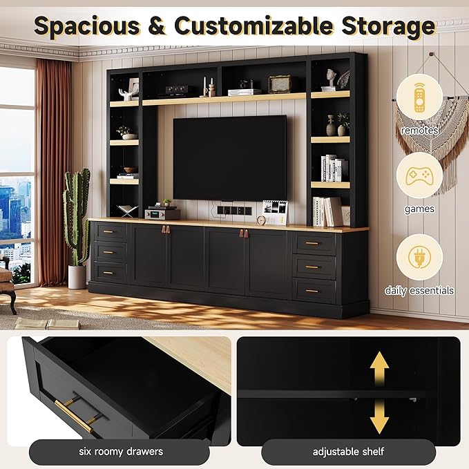 Merax 102.3 Inch Wide Farmhouse Entertainment Center, Rustic TV Stand with 6 Drawers & Adjustable Shelves, Large Media Console for TVs up to 75", Modern Bookshelves Wall Unit, Black