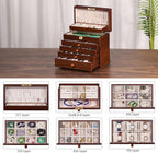 Vintage Wooden Jewelry Box with Dual Key Lock, Carved Top, Necklace Hooks – Antique Jewelry Organizer for Dresser Tabletop, Jewelry Storage Boxes for Women