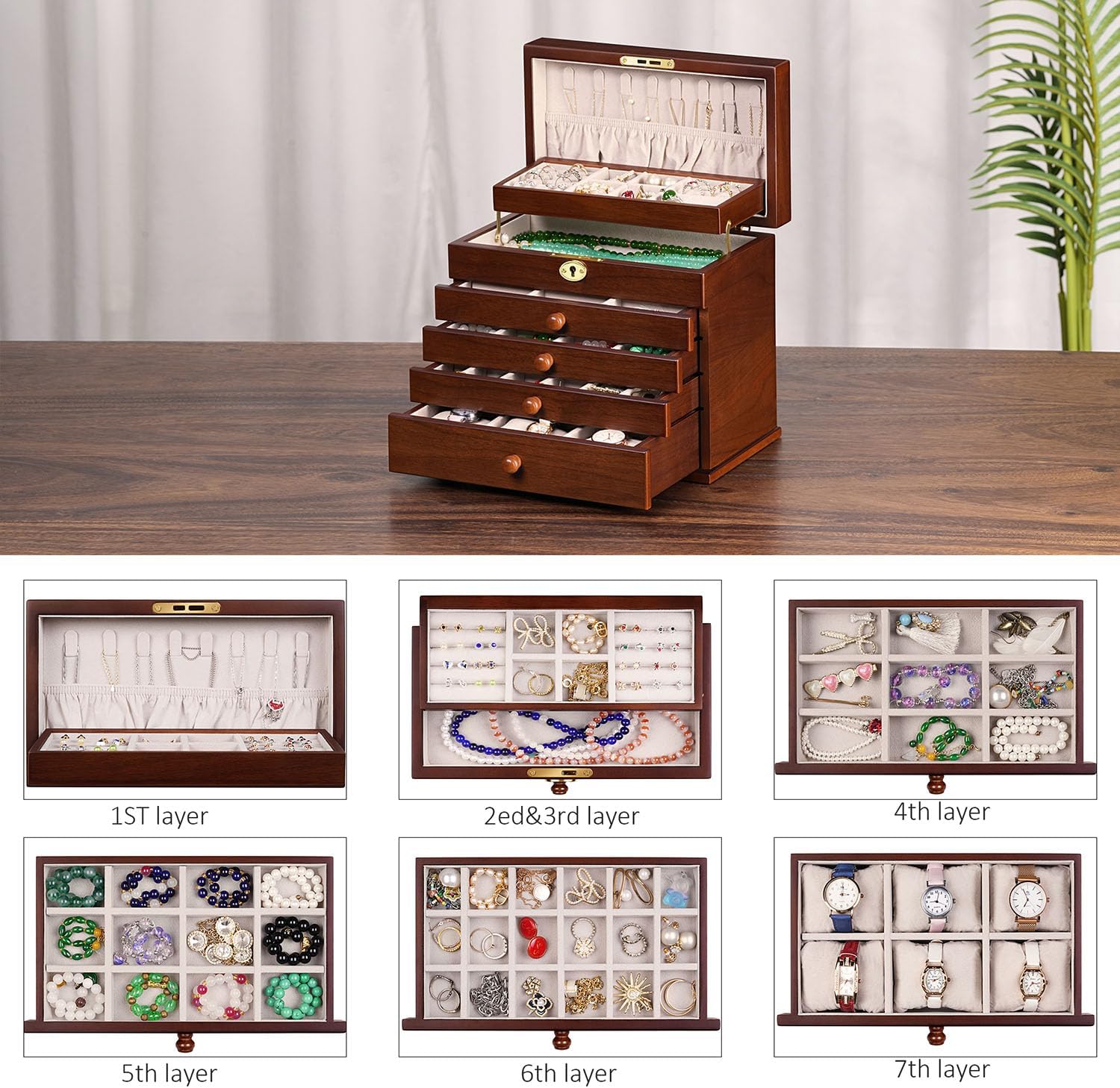 Vintage Wooden Jewelry Box with Dual Key Lock, Carved Top, Necklace Hooks – Antique Jewelry Organizer for Dresser Tabletop, Jewelry Storage Boxes for Women
