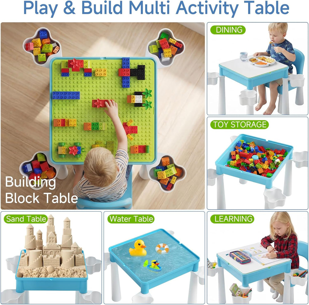 5-in-1 Toddler Table and Chair Set with 128PCS Building Blocks, Kids Activity Table Flip Top for Art, Sand & Water Play, Leak-Proof Design, Includes 1 Sturdy Chair, ASTM Certified, Gift for Ages 2-4