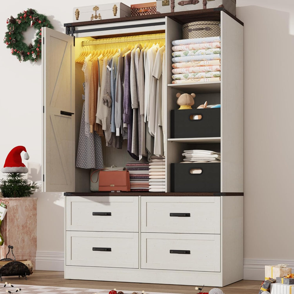 Farmhouse 3 Doors Armoire Wardrobe Closet w/Folding Sliding Barn Door and Lig...
