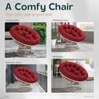 Bme 40" Ergonomic Wicker Papasan Chair with Soft Thick Density Fabric Cushion, High Capacity Steel Frame, 360 Degree Swivel for Living, Bedroom, Reading Room, Lounge, Cherry Sangria - White Base