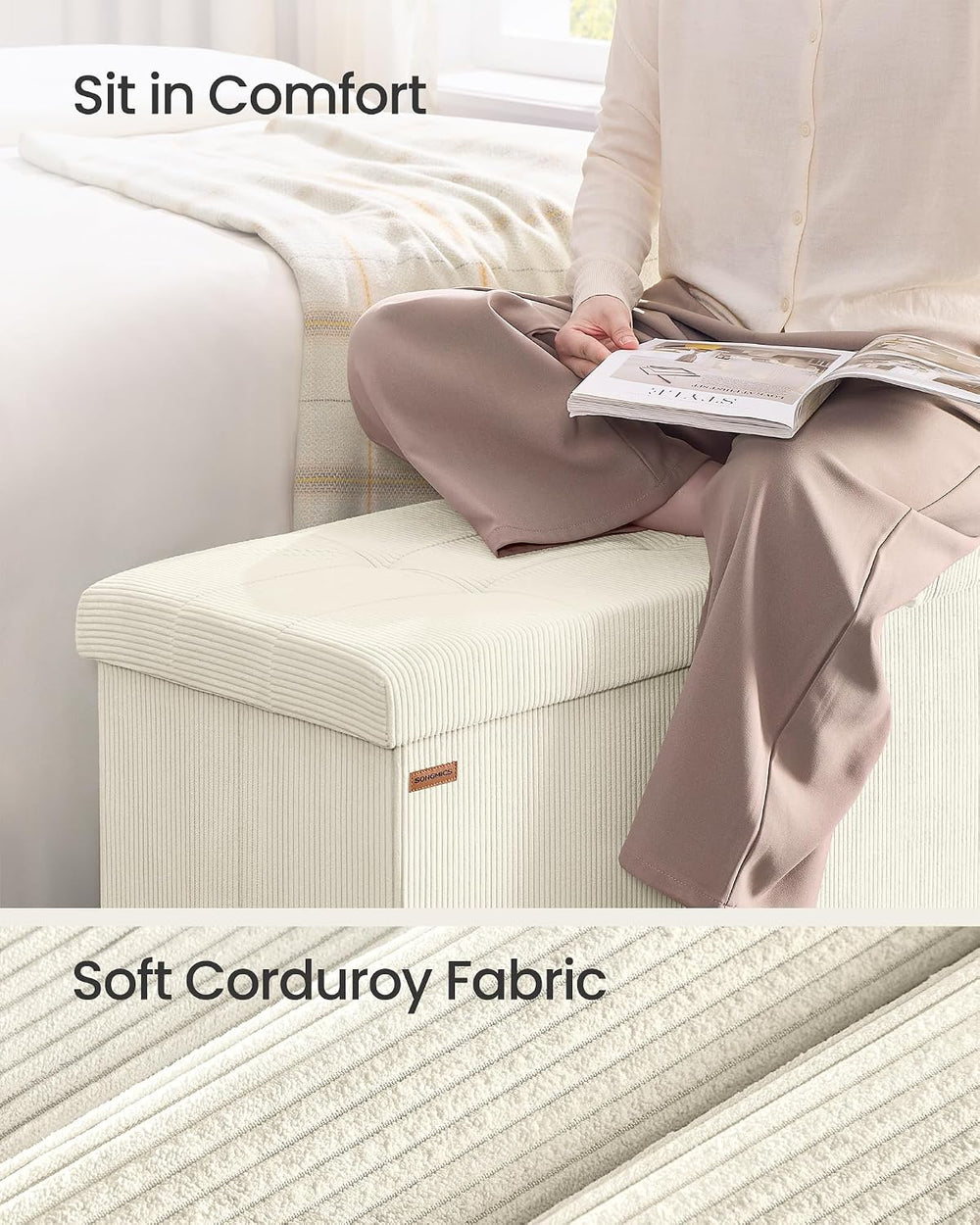SONGMICS Ottoman Storage Bench, 43 Inch Foldable Foot Rest | Corduroy, for En...