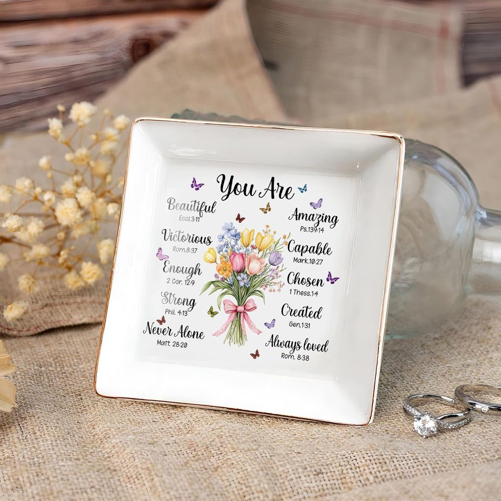 Christian Bible Verse Jewelry Dish, 4" Ceramic Jewelry Tray, Christian Gift for Women, Mother's Day, Birthday, Catholic Gifts for Mom/ Grandma, Graduation, Confirmation Gifts for Teen Girls, Daughter