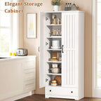 Decofy 70" Tall Storage Cabinets, Large Wood Storage Pantry Cabinet with 6 Adjustable Shelves, 2 Striped Doors&Drawer, Standing Utility Cabinet for Kitchen, Bathroom, Dining Room, Antique(Soft White)