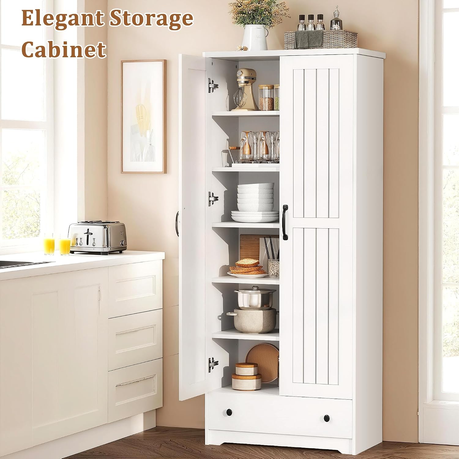 Decofy 70" Tall Storage Cabinets, Large Wood Storage Pantry Cabinet with 6 Adjustable Shelves, 2 Striped Doors&Drawer, Standing Utility Cabinet for Kitchen, Bathroom, Dining Room, Antique(Soft White)