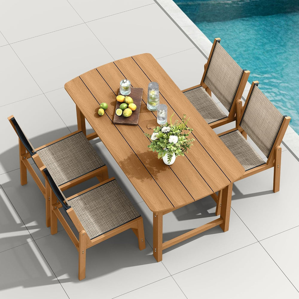 HDPE Outdoor Dining Set, Patio Table and 4 Stackable Armless Chairs, Teak