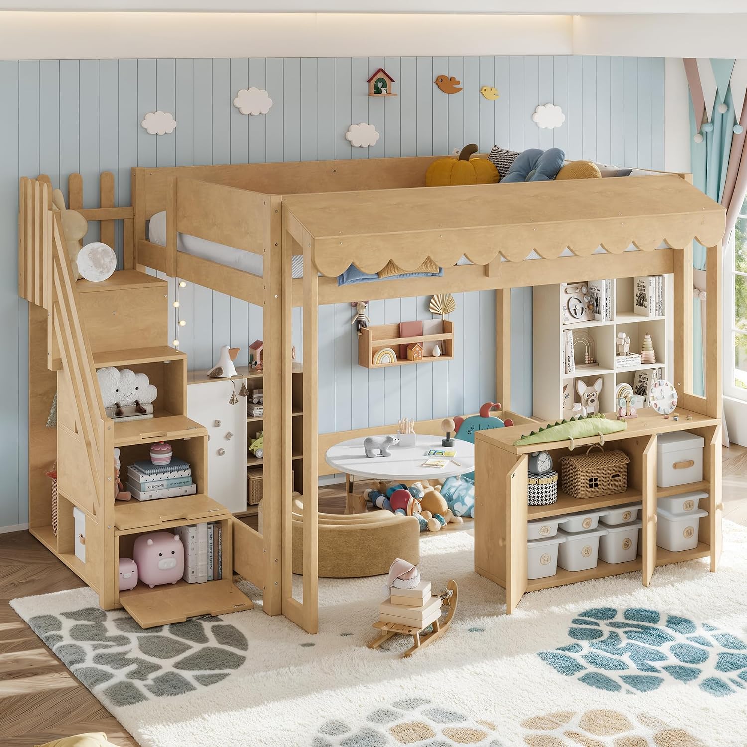 Full Over Full Loft Bed with Storage Stairs and Pretend Store Counter (Full)