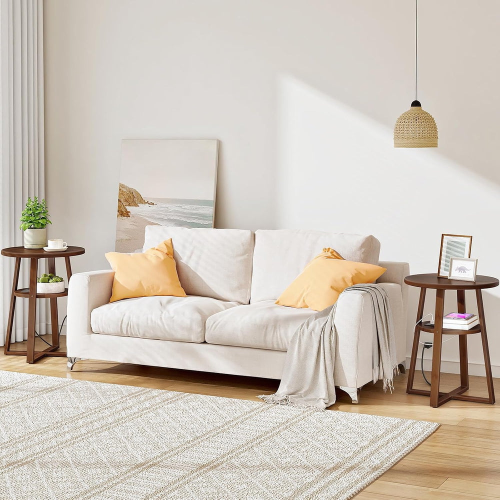 HOOBRO Round Side Table with Charging Station, Round Accent End Table with Ba...