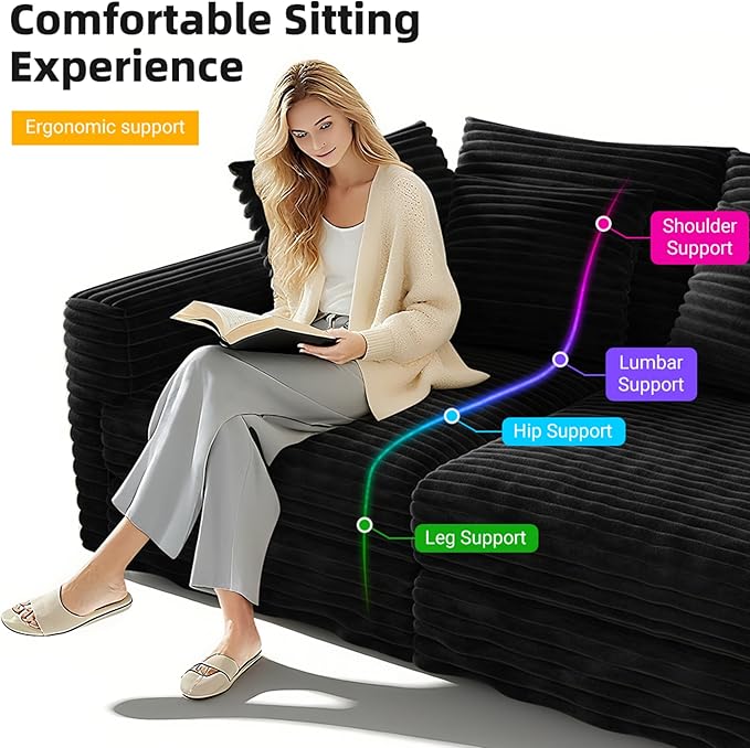 KEIKI 102.4" Sectional Couches, Modern Comfy Upholstered Sofa Cloud Couch, Deep Seat 4 Seat Sofa Set with Soft Pillows and Movable Ottoman for Living Room, Apartment, Office, Black