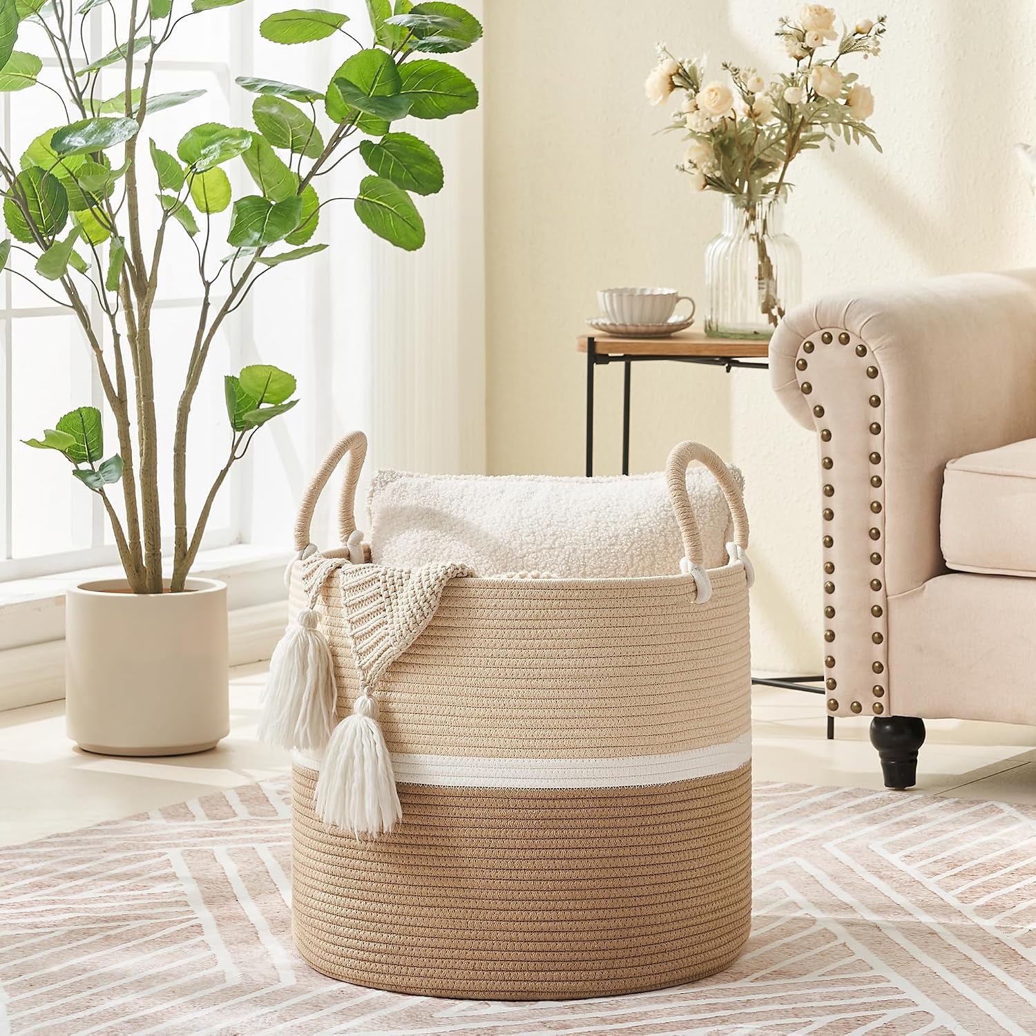 KAKAMAY Large Blanket Basket (18"x18"x16"),Woven Baby Laundry Hamper for Storage, Cotton Rope Blankets Baskets for Nursery, Laundry, Living Room, Pillows, Baby Toy chest with Handles (Light Brown)