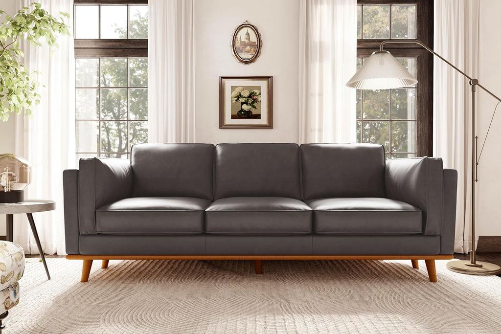 Valencia Artisan Full Leather Sofa 88” - Pure Full Italian Nappa Leather Couch, Solid Wood Accent, Ultimate Comfort, Modern Grey