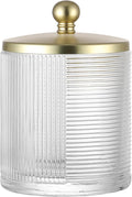 Clear Transparent Apothecary Ribbed Geometric Etched Glass Jar W/Gold Lid Cover for Bathroom Organization, Cotton Balls, Q Tips, and Small Accessories, Bathroom Storage