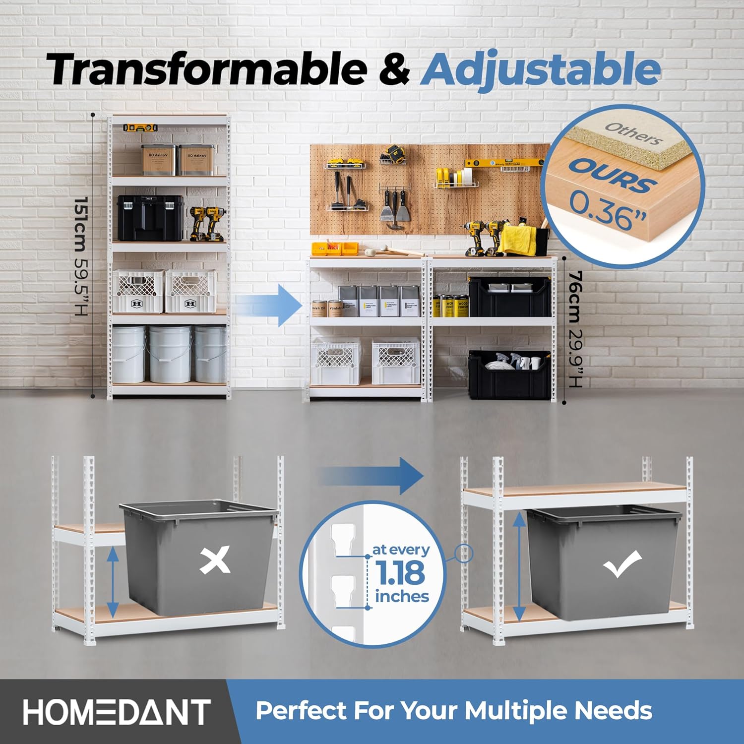 HOMEDANT 5 Tier Laminated White Boltless Metal Shelving Unit Adjustable Garage Storage Utility Rack Heavy Duty Shelves Organization Multipurpose Shelf Warehouse Pantry 28" W x 12.3" D x 59.5" H 3Pack